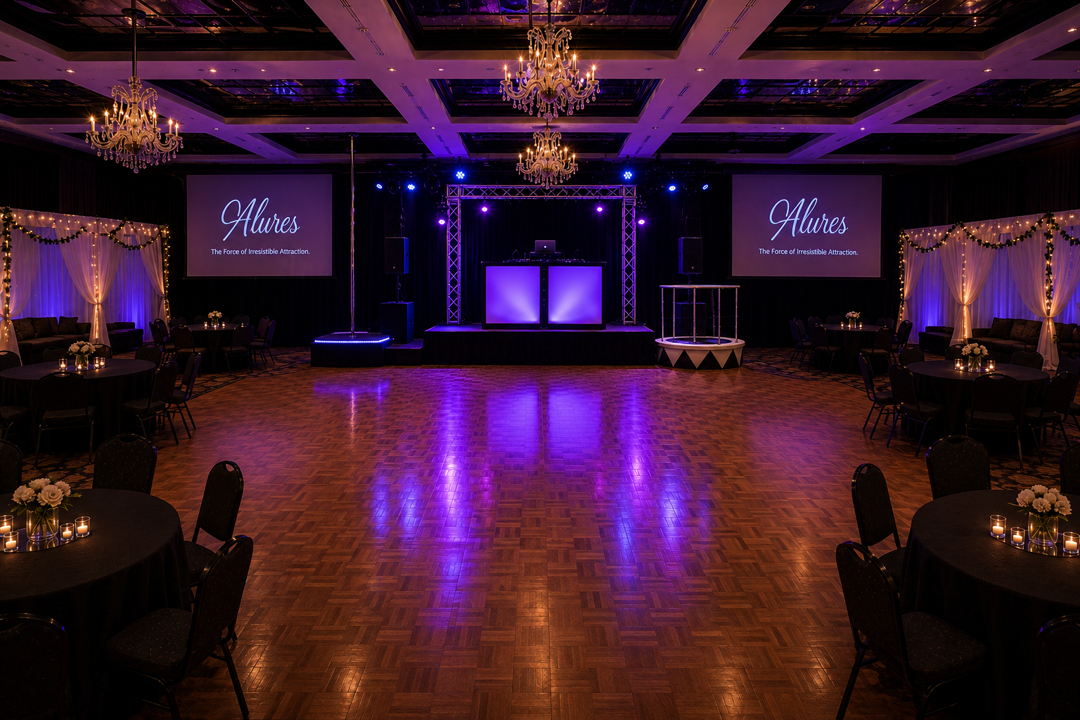 Dance floor and DJ stage with purple lighting