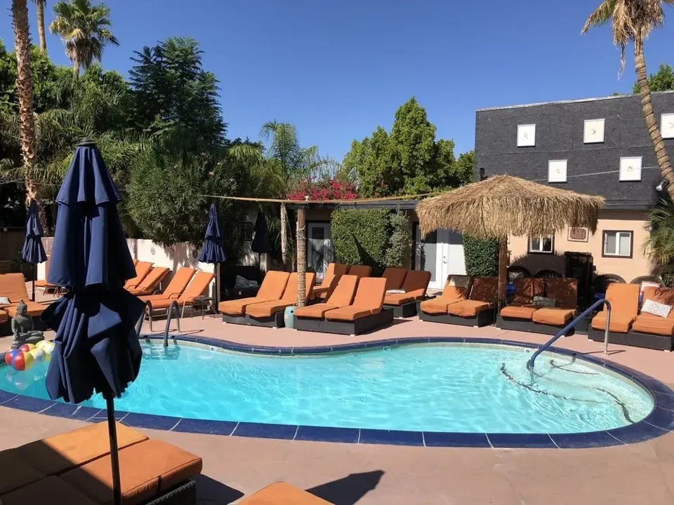 Outdoor swimming pool and poolside loungers
