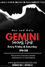 Gemini Social Club promotional flyer for Friday and Saturday lifestyle parties in Pomona, California