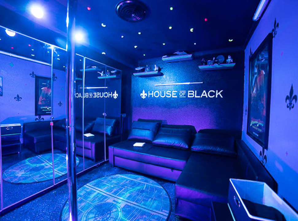 Lounge with mirrors and dance pole