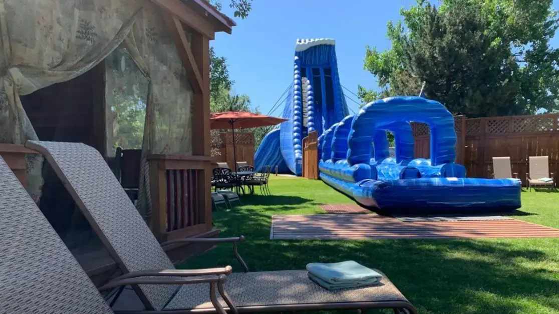 Summer outdoor area with inflatable water slide