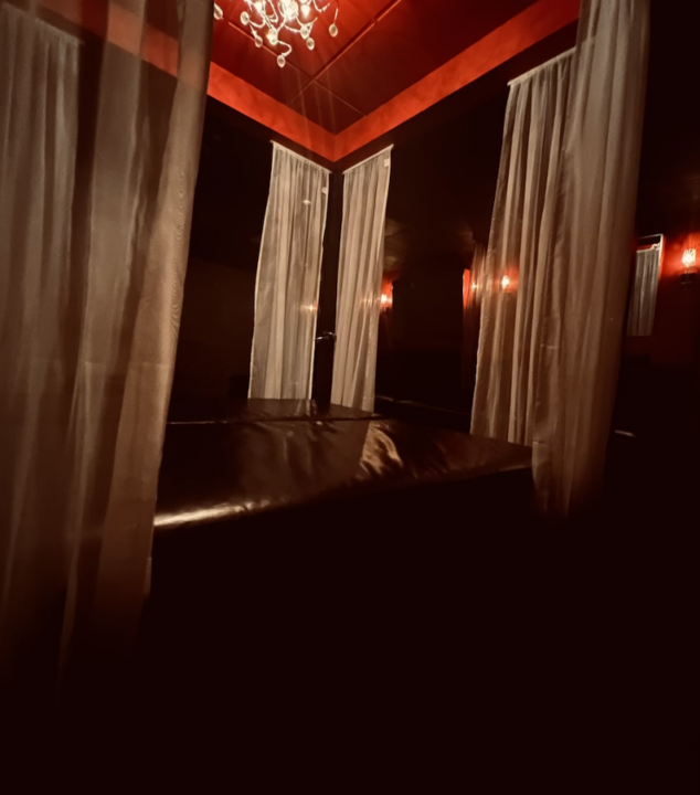 Private play area with curtains and leather seating