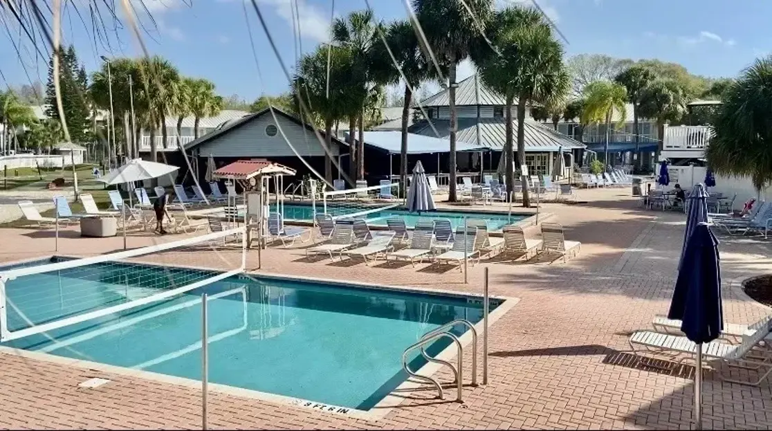 Pool complex with lounge chairs, palm trees and resort buildings