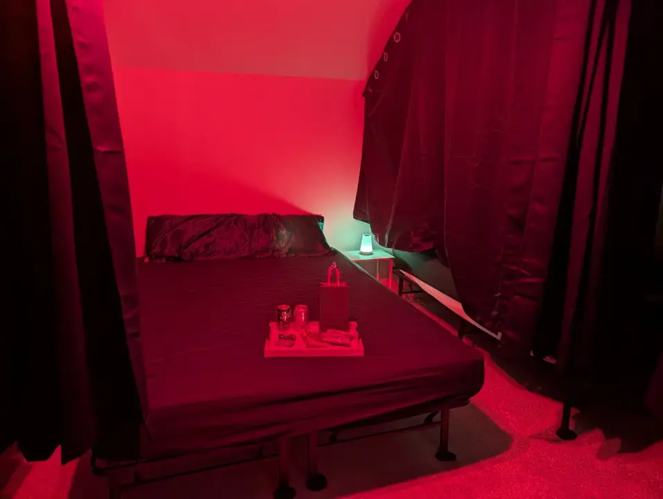 Red-lit private bedroom with a curtained bed