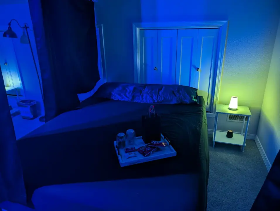 Blue-lit private bedroom with a large bed