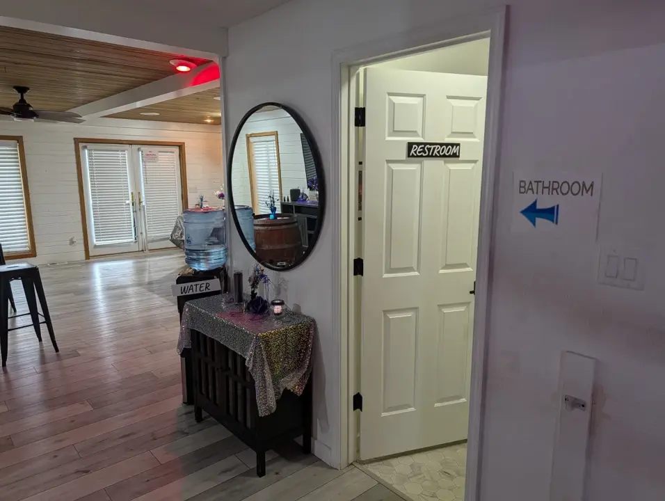 Restroom entrance and water station