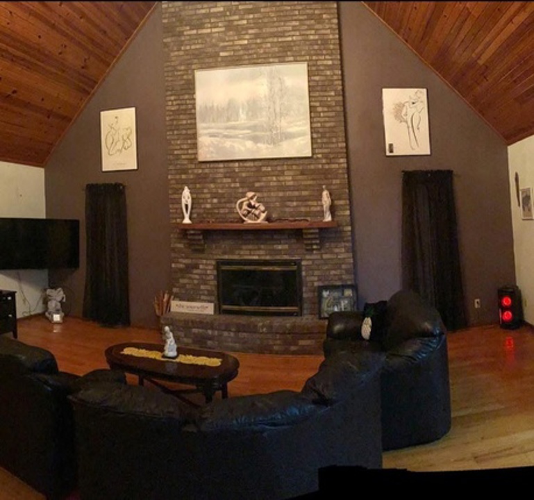 Lodge-style living room and fireplace