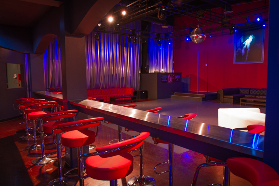 Red bar seating and lounge interior