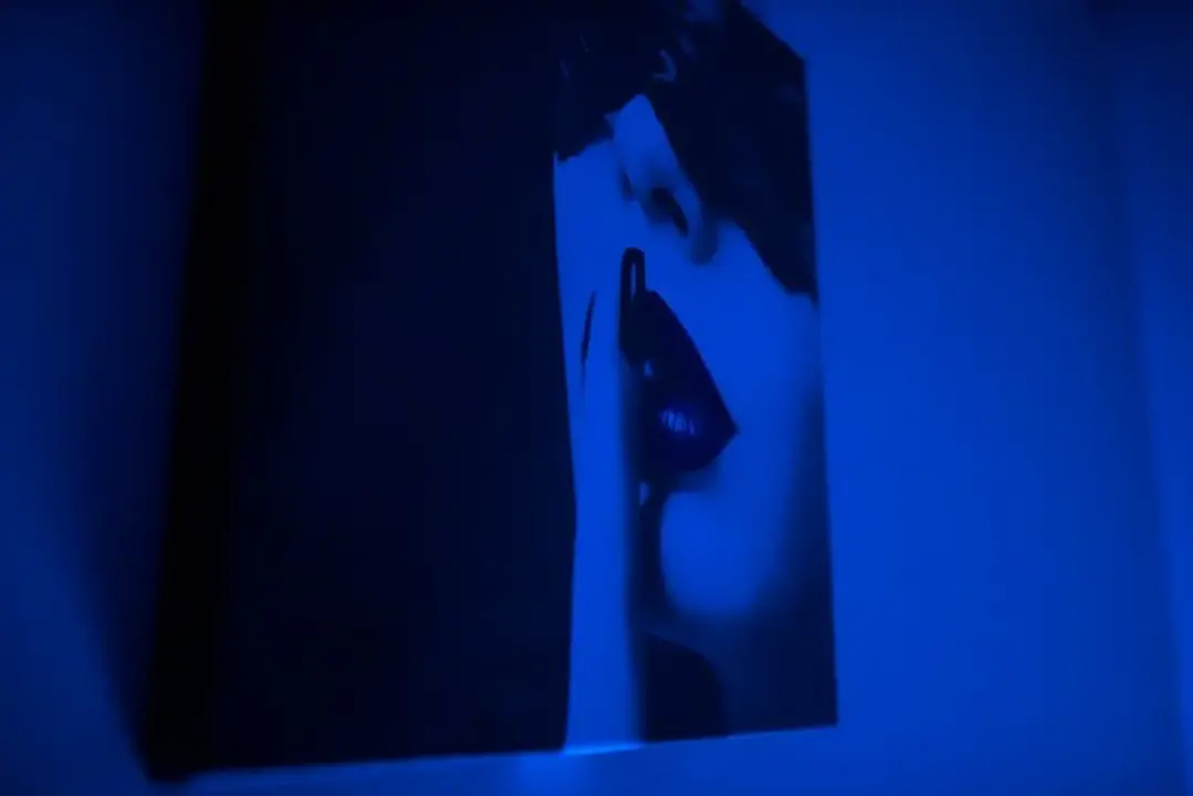Sensual black and white wall art illuminated in blue