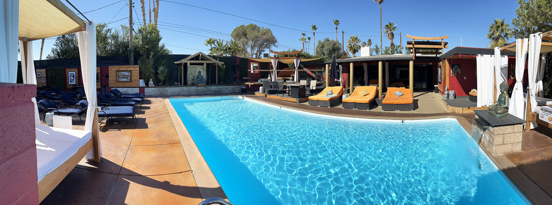 Outdoor swimming pool and cabanas