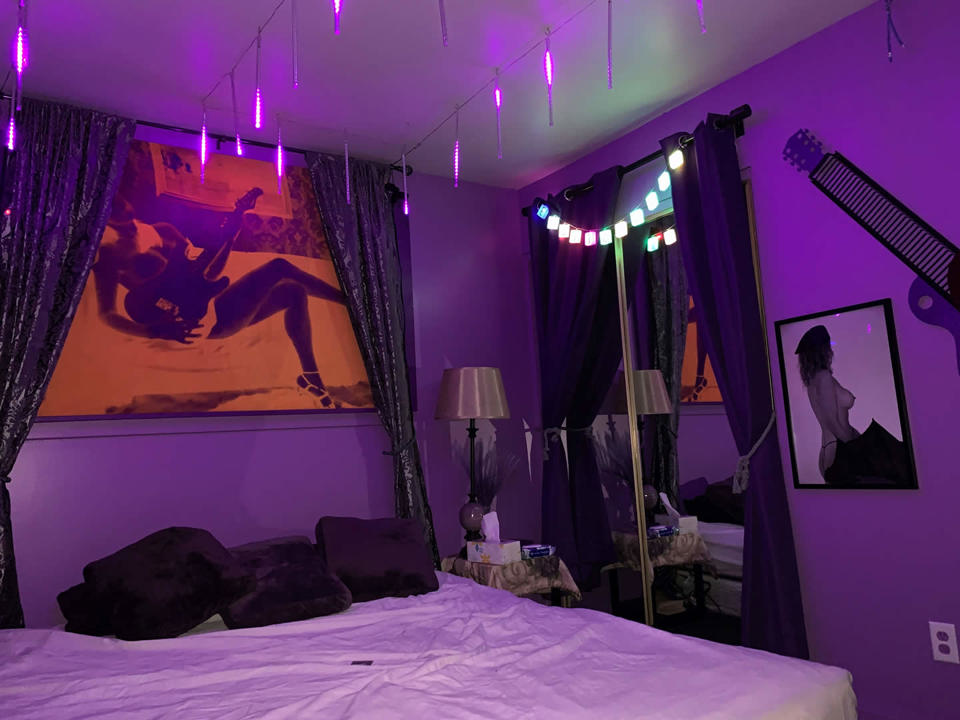 Purple Rain Room with purple lighting and mirrors