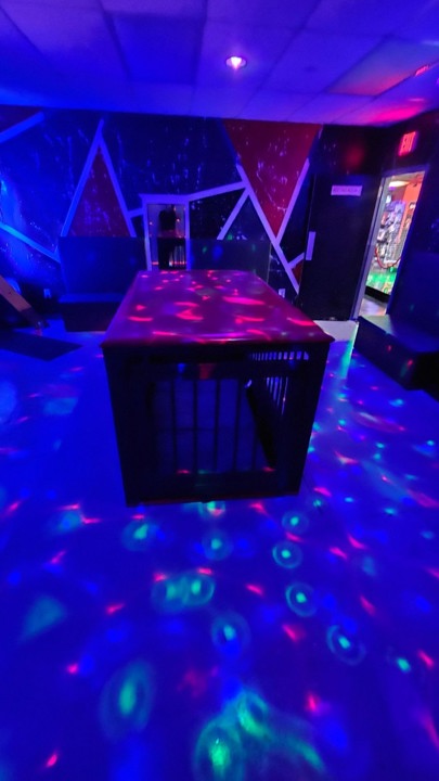 Large padded play platform with colorful club lighting