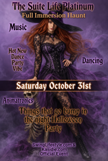 The Suite Life Platinum Halloween party poster with witch-themed model and skeleton in Sacramento, California