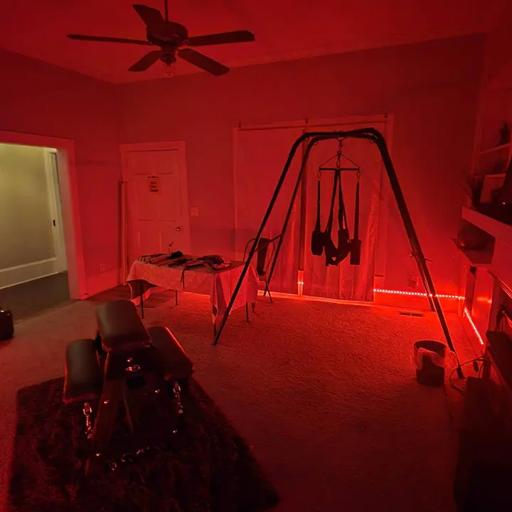 Lounge BDSM playroom with bondage equipment