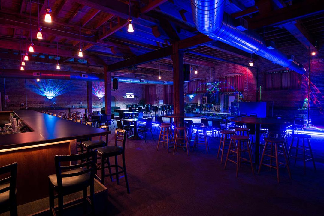 Main lounge and bar with blue and red lighting